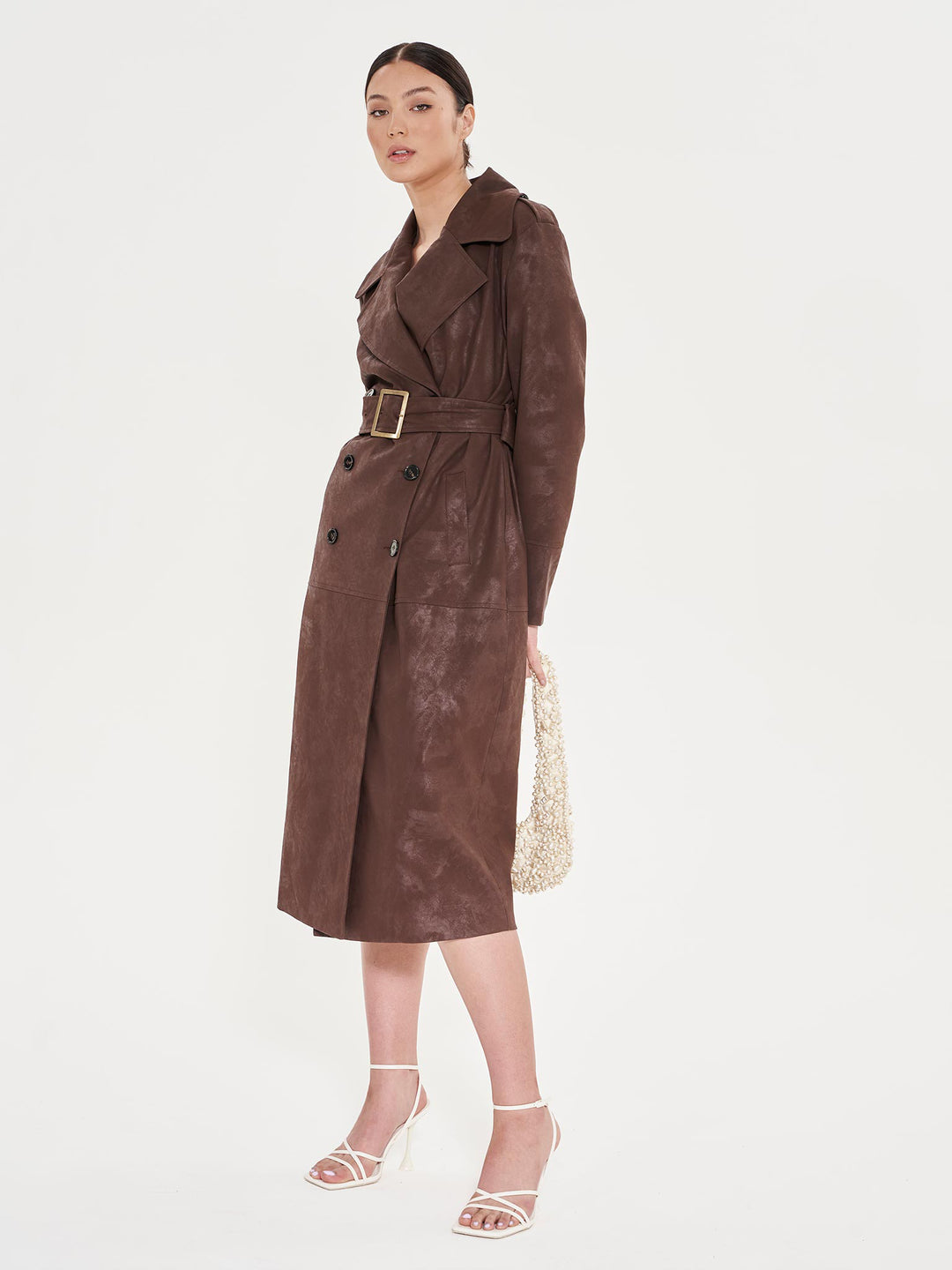 Faux Leather Trench Coat - Brown