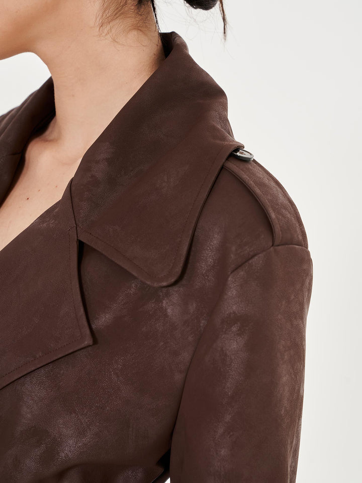 Faux Leather Trench Coat - Brown