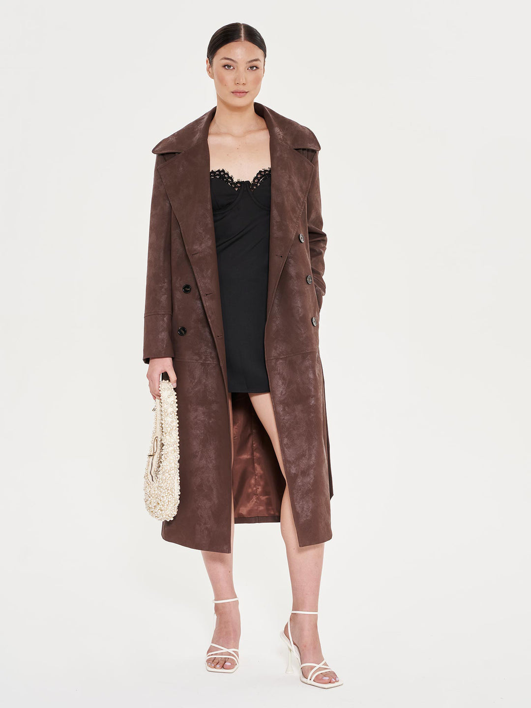 Faux Leather Trench Coat - Brown