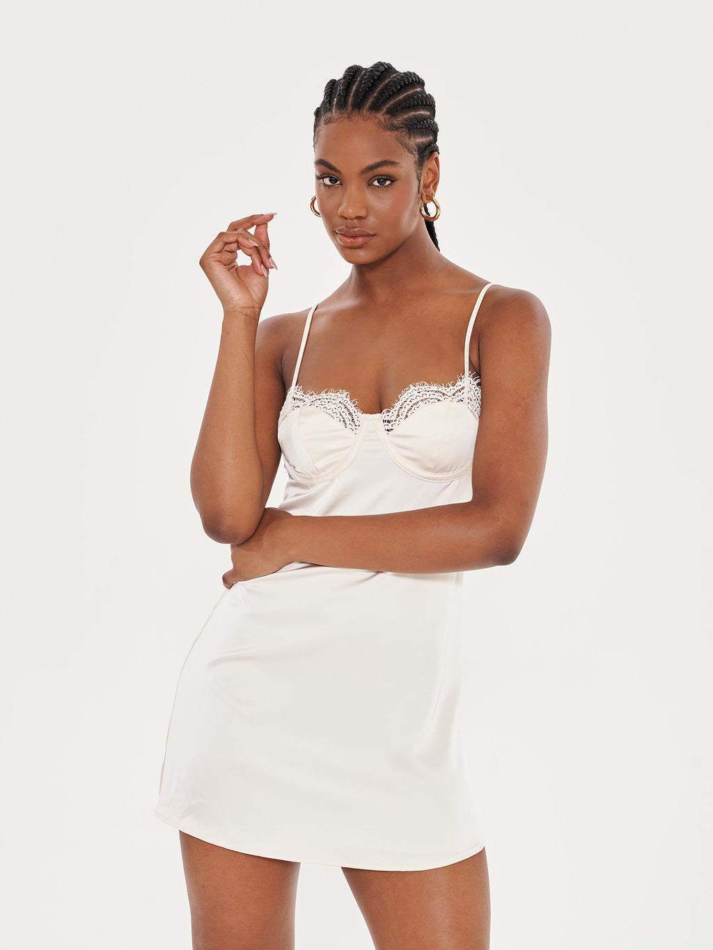 Cream Lace Trim Satin Cami Dress Cream EXTRO VERT