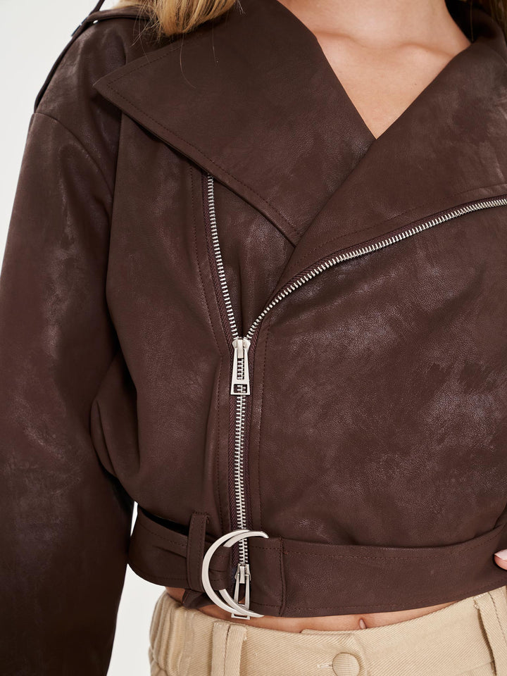 Oversized Cropped Faux Leather Biker Jacket - Brown