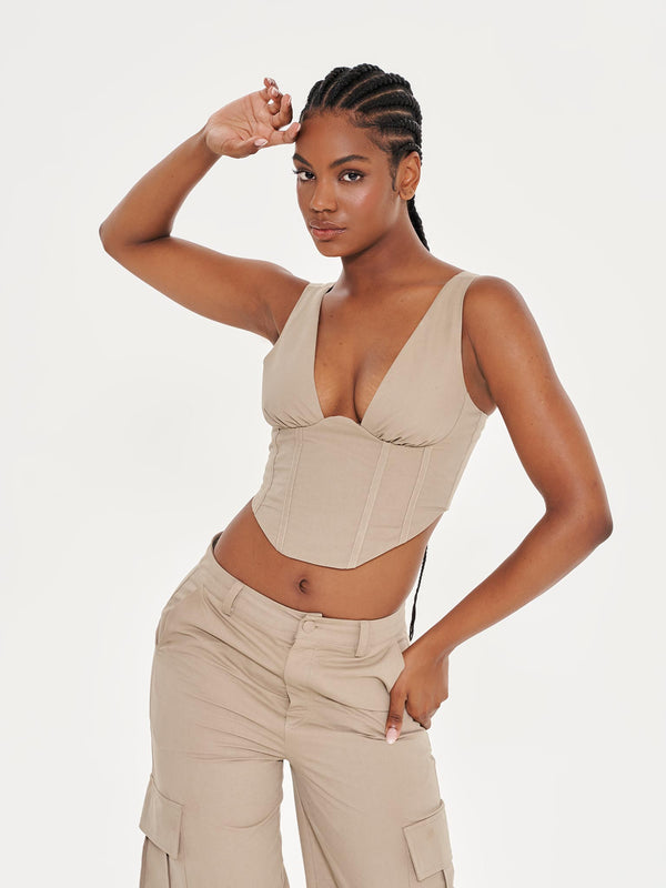 Extro & Vert Structured Corset Top In Check Co-Ord-Brown for Women