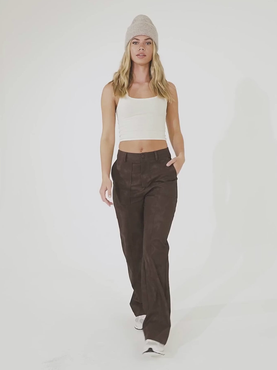 Faux Leather Brown Wide Leg Trousers - Brown